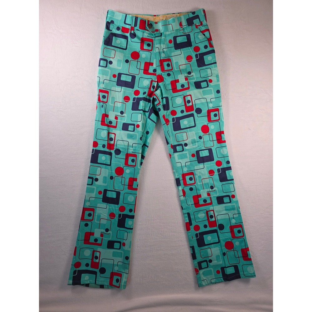 Loudmouth Golf Pants Retro Geometric Teal Red 30 x UF Funky Statement Mens Mod